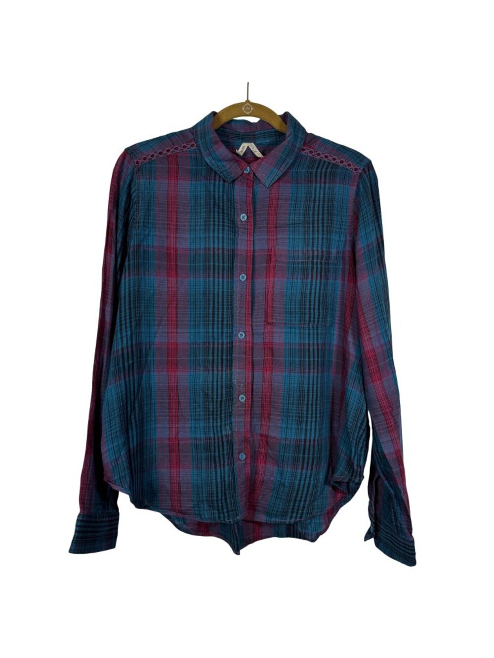 Mudd Large Multicolor Plaid Button Up Crochet Detail Shirt Boho Grungecore